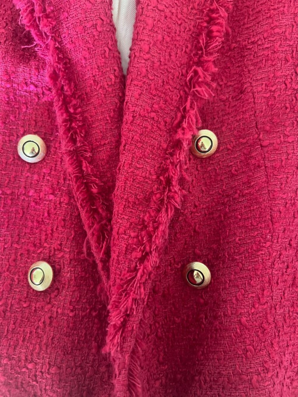 Zara Double-Breasted Tweed Blazer In Fuchsia With Frayed Edges & Gold Buttons - Picture 10 of 13